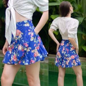 Yumi Kim Gigi Skirt Women Medium Blue Floral Ruffle Cross-Over Playful & Stylish